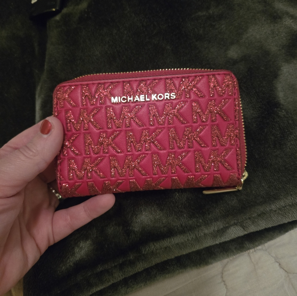Michael Kors Red Glitter Key & Card Holder Small Wallet